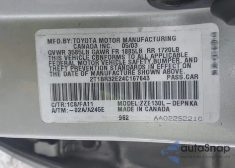 2004 Toyota Corolla Le z USA, uszkodzony, nr VIN 2T1BR32E24C167643